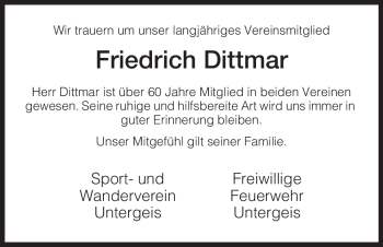 Traueranzeige von Friedrich Dittmar von HERSFELDER ZEITUNG