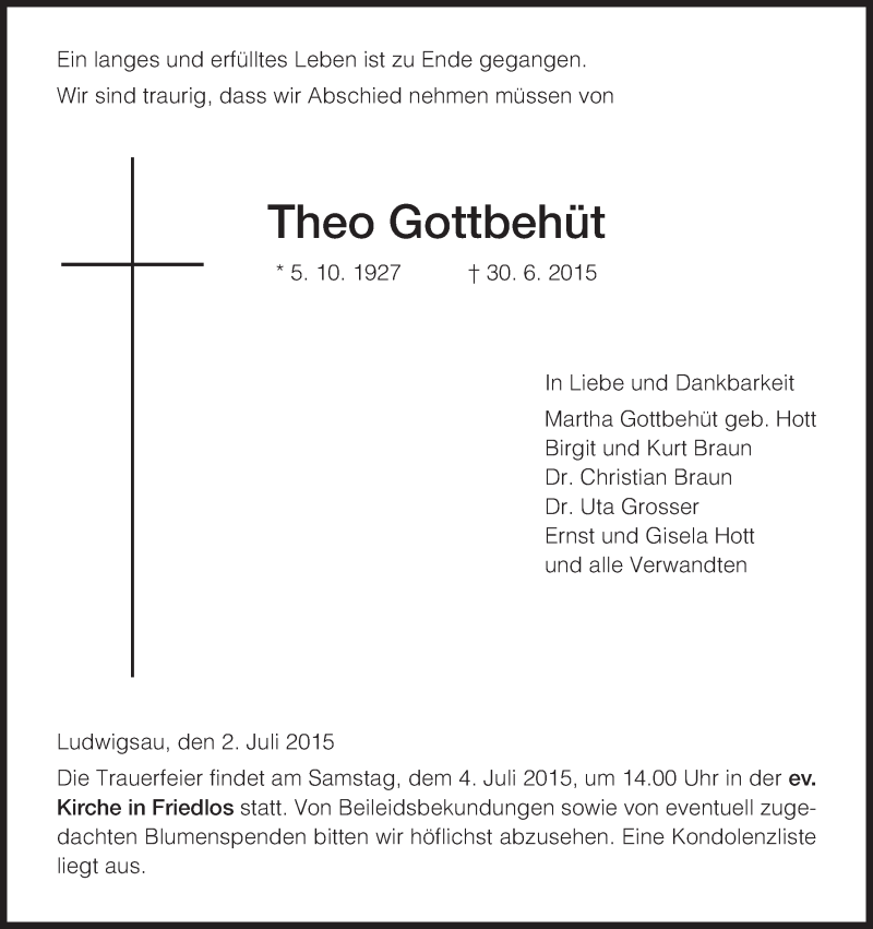  Traueranzeige für Theo Gottbehüt vom 02.07.2015 aus Hersfeld