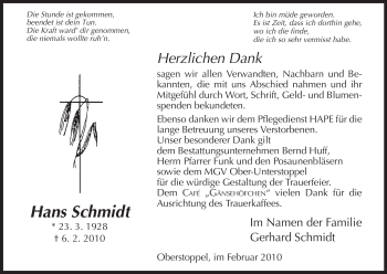 Traueranzeige von Hans Schmidt von HERSFELDER ZEITUNG