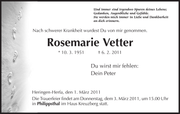 Traueranzeige von Rosemarie Vetter von HERSFELDER ZEITUNG