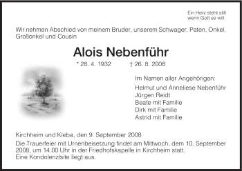 Traueranzeige von Alois Nebenführ von HERSFELDER ZEITUNG