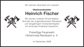 Traueranzeige von Heinrich Fischer von HERSFELDER ZEITUNG