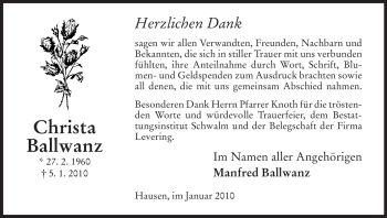 Traueranzeige von Christa Ballwanz von HERSFELDER ZEITUNG