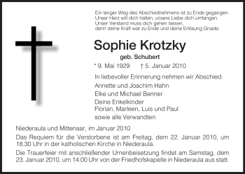 Traueranzeige von Sophie Krotzky von HERSFELDER ZEITUNG