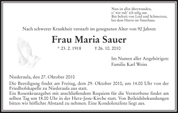 Traueranzeige von Maria Sauer von HERSFELDER ZEITUNG