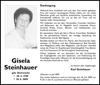 Traueranzeige von Gisela Steinhauer von HERSFELDER ZEITUNG