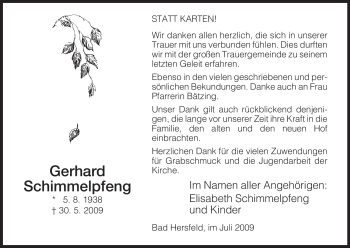 Traueranzeige von Gerhard Schimmelpfeng von HERSFELDER ZEITUNG