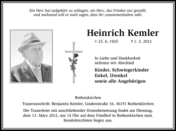 Traueranzeige von Heinrich Kemler von HERSFELDER ZEITUNG