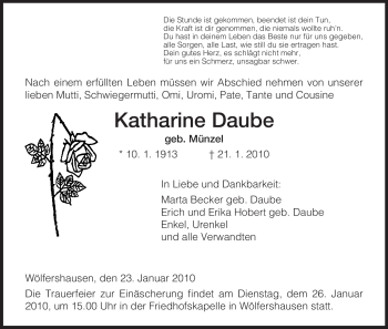 Traueranzeige von Katharine Daube von HERSFELDER ZEITUNG