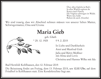 Traueranzeige von Maria Gieb von Hersfeld