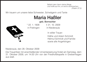 Traueranzeige von Maria Haßler von HERSFELDER ZEITUNG