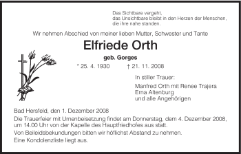 Traueranzeige von Elfriede Orth von HERSFELDER ZEITUNG
