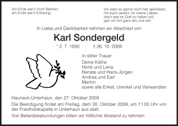 Traueranzeige von Karl Sondergeld von HERSFELDER ZEITUNG