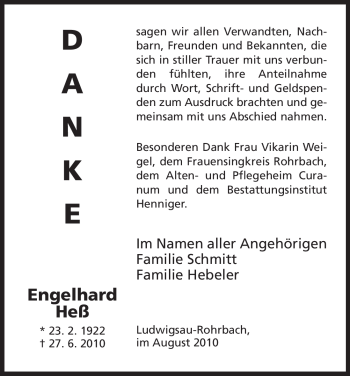 Traueranzeige von Engelhard Heß von HERSFELDER ZEITUNG