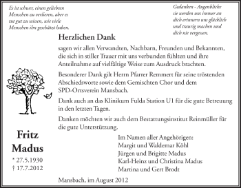 Traueranzeige von Fritz Madus von HERSFELDER ZEITUNG