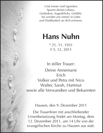 Traueranzeige von Hans Nuhn von HERSFELDER ZEITUNG