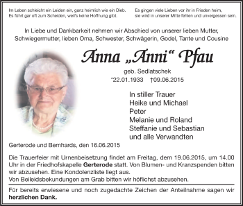 Traueranzeige von Anna  Pfau von Hersfeld