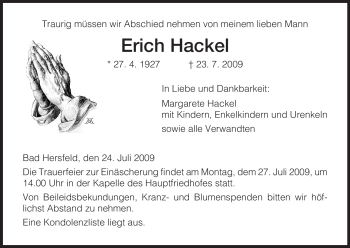Traueranzeige von Erich Hackel von HERSFELDER ZEITUNG