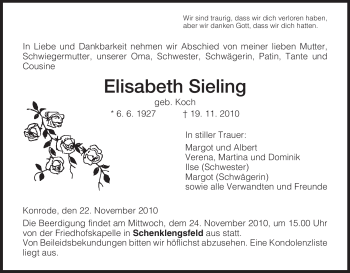 Traueranzeige von Elisabeth Sieling von HERSFELDER ZEITUNG