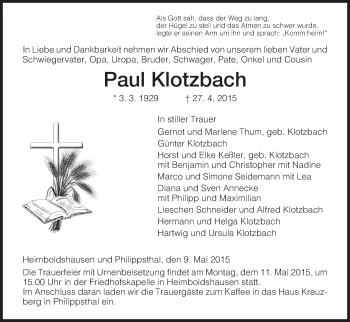 Traueranzeige von Paul Klotzbach von Hersfeld