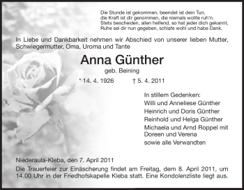 Traueranzeige von Anna Günther von HERSFELDER ZEITUNG