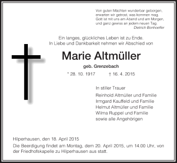 Traueranzeige von Marie Altmüller von Hersfeld