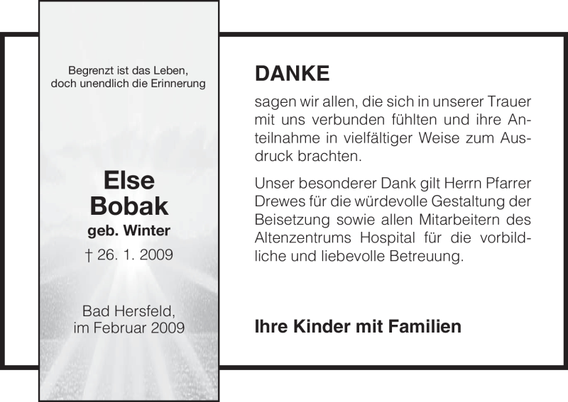  Traueranzeige für Else Bobak vom 21.02.2009 aus HERSFELDER ZEITUNG