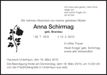 Traueranzeige von Anna Schirmag von HERSFELDER ZEITUNG