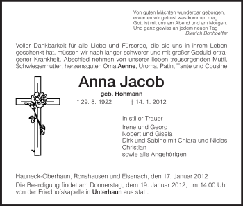 Traueranzeige von Anna Jacob von HERSFELDER ZEITUNG