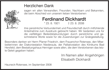 Traueranzeige von Ferdinand Dickhardt von HERSFELDER ZEITUNG