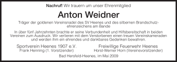 Traueranzeige von Anton Weidner von HERSFELDER ZEITUNG