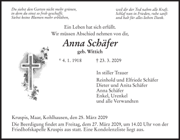 Traueranzeige von Anna Schäfer von HERSFELDER ZEITUNG