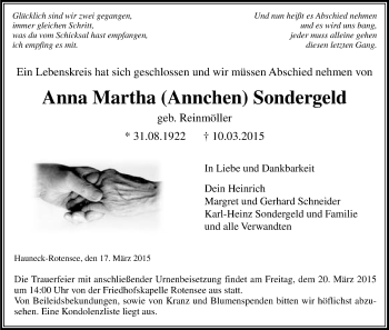 Traueranzeige von Anna Martha Sondergeld von Hersfeld