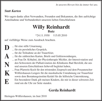 Traueranzeige von Willy Reinhardt von HERSFELDER ZEITUNG