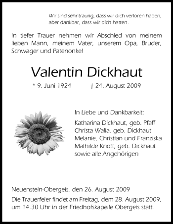 Traueranzeige von Valentin Dickhaut von HERSFELDER ZEITUNG