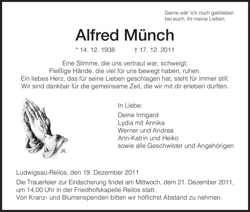  Traueranzeige für Alfred Münch vom 19.12.2011 aus HERSFELDER ZEITUNG