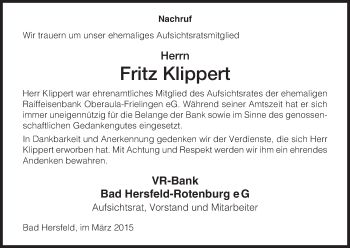 Traueranzeige von Fritz Klippert von Hersfeld