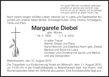 Traueranzeige von Margarete Diebel von HERSFELDER ZEITUNG