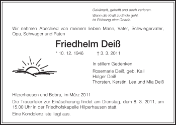 Traueranzeige von Friedhelm Deiß von HERSFELDER ZEITUNG