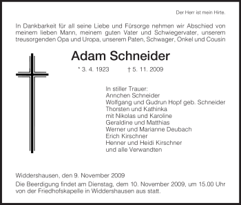 Traueranzeige von Adam Schneider von HERSFELDER ZEITUNG
