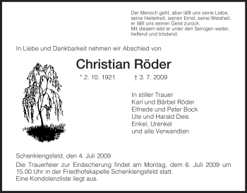 Traueranzeige von Christian Roeder von HERSFELDER ZEITUNG