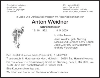 Traueranzeige von Anton Weidner von HERSFELDER ZEITUNG