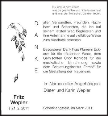 Traueranzeige von Fritz Wepler von HERSFELDER ZEITUNG