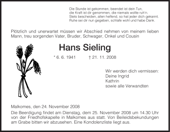 Traueranzeige von Hans Sieling von HERSFELDER ZEITUNG