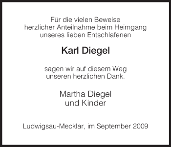 Traueranzeige von Karl Diegel von HERSFELDER ZEITUNG