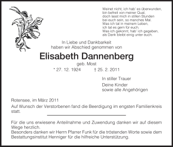 Traueranzeige von Elisabeth Dannenberg von HERSFELDER ZEITUNG