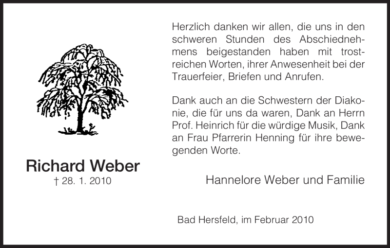  Traueranzeige für Richard Weber vom 27.02.2010 aus HERSFELDER ZEITUNG