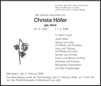 Traueranzeige von Christa Höfer von HERSFELDER ZEITUNG