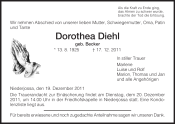 Traueranzeige von Dorothea Diehl von HERSFELDER ZEITUNG