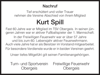 Traueranzeige von Kurt Spill von HERSFELDER ZEITUNG